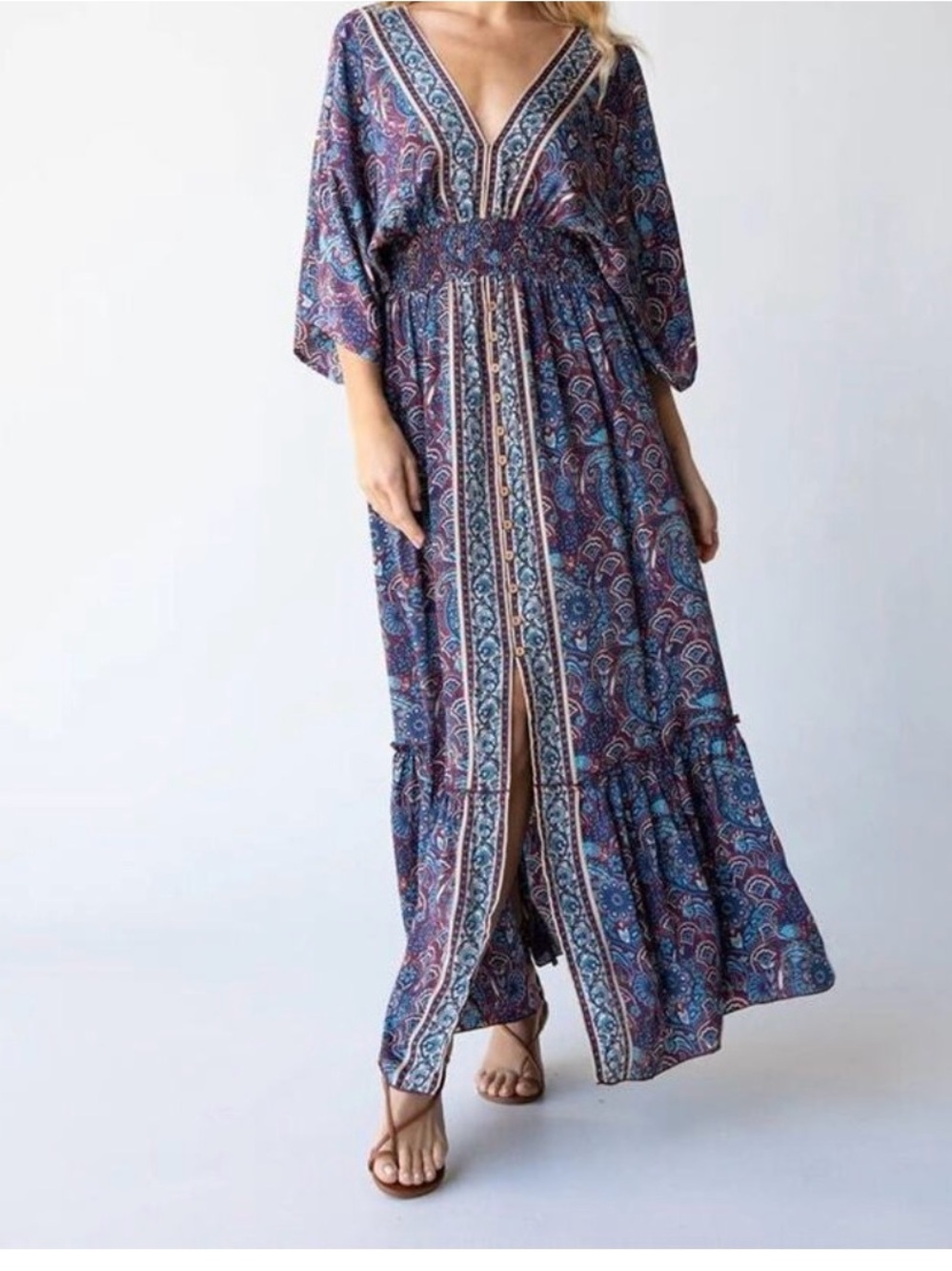 Boho Maxi Dress with V-Neck and Tiered Hem - Blue Paisley